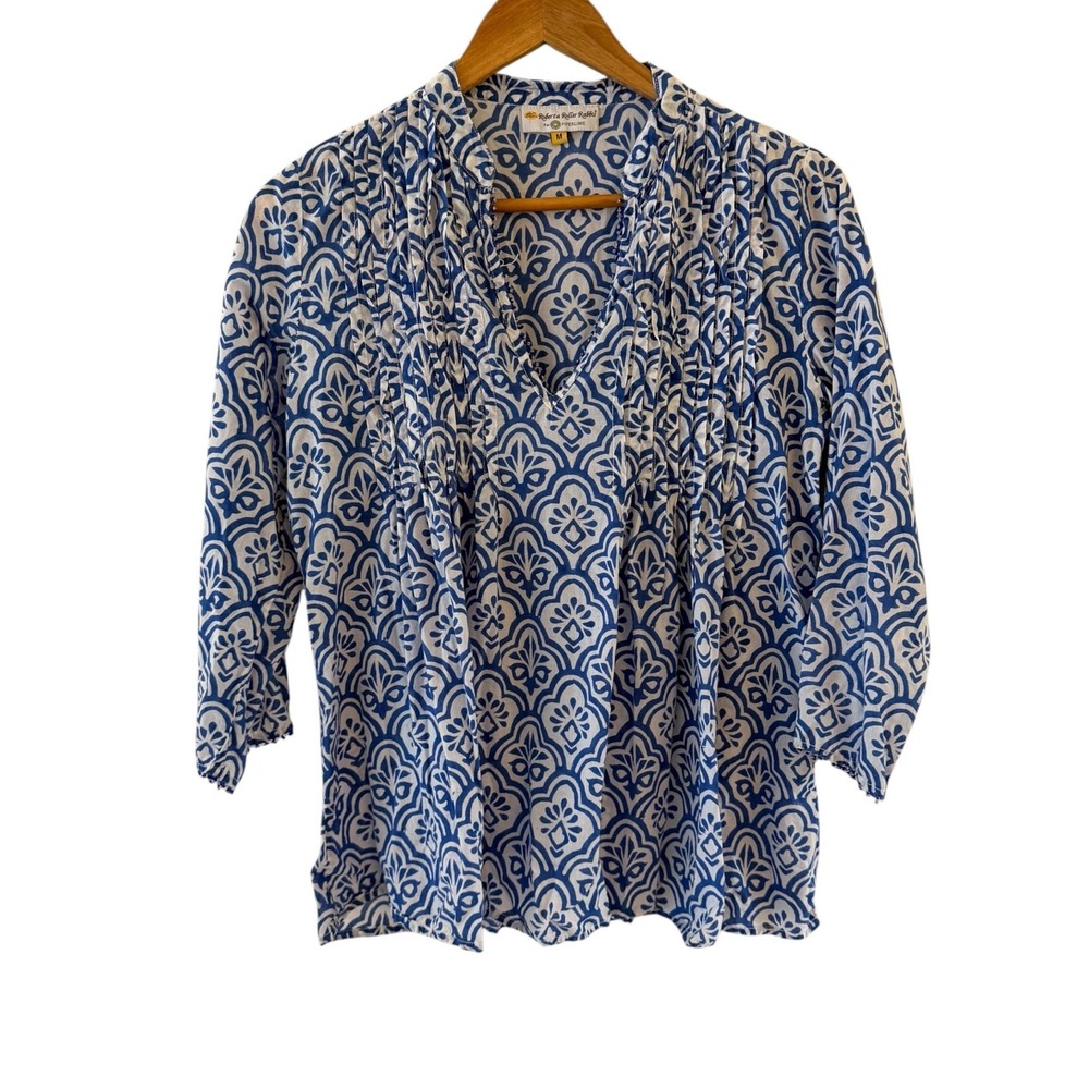 Roberta Roller Rabbit Tunic Top Womens M Blue Geometric Beaded Boho Coastal